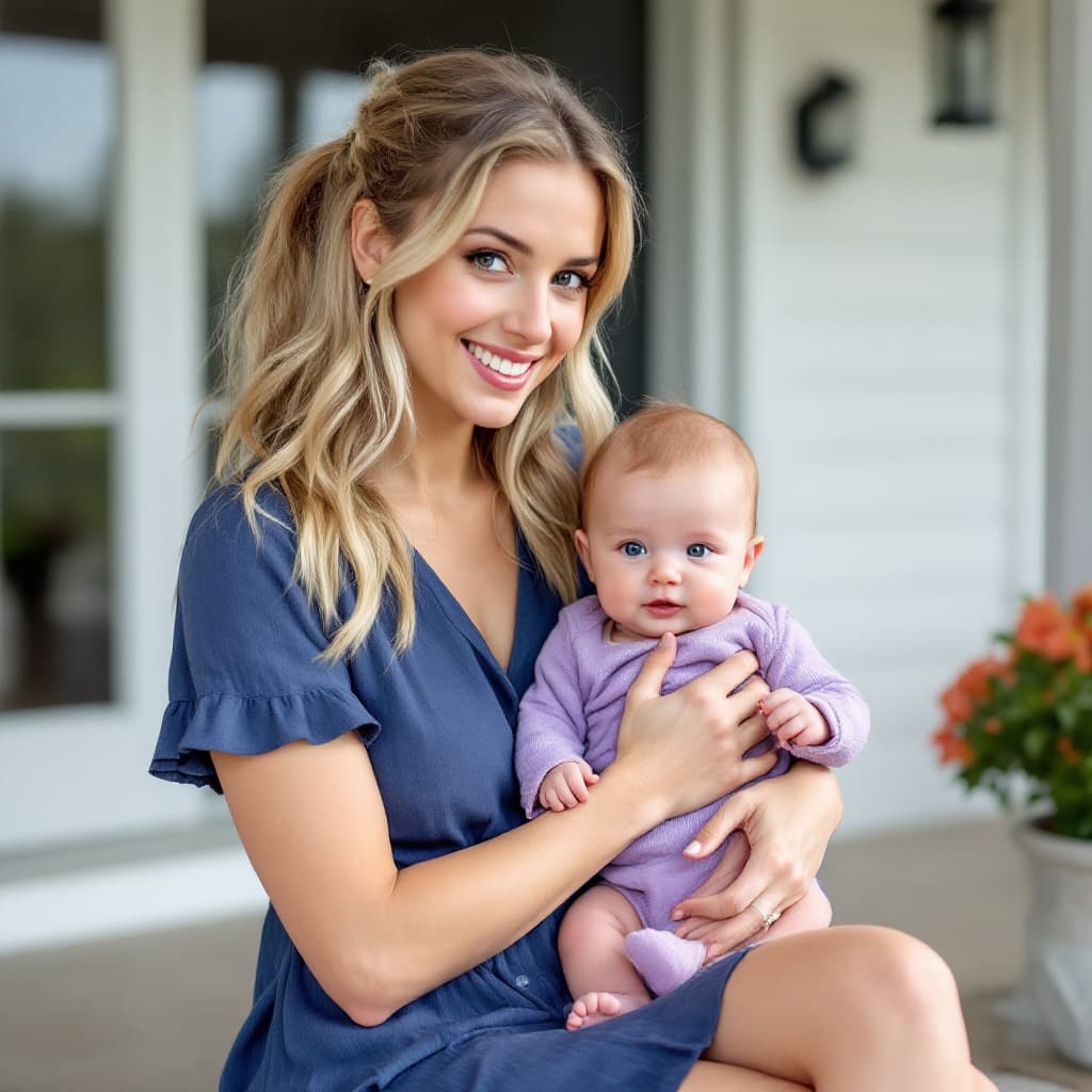 AI generated: a young blonde woman wearing a blue dress carrying a 3 month old baby girl wearing a purple onesie, ...