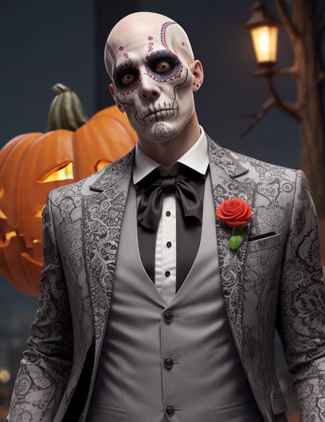 AI generated: high detail, colorful, sugar skull man, white thin bald man, hitman style, night atmosphere at Hallo...