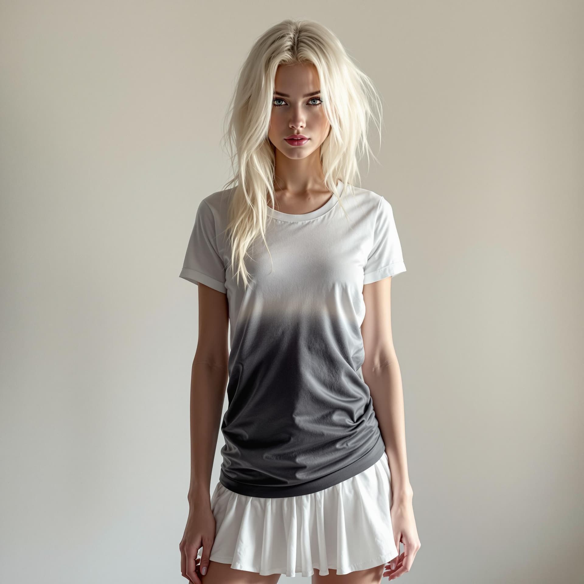 AI generated: white skin blonde with skinny hot face T-shirt tennis skirt