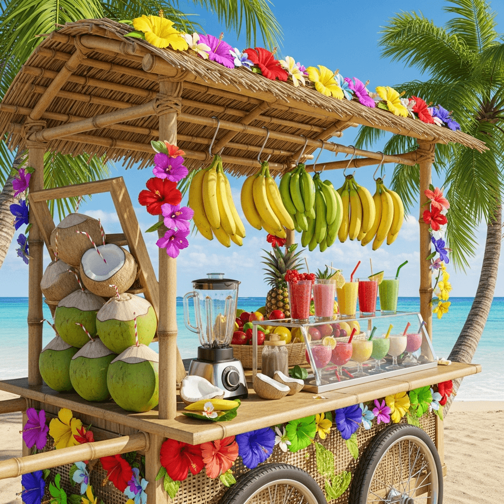 AI generated: 3d，tropical cart, flowers, coconuts, smoothies, bananas, 