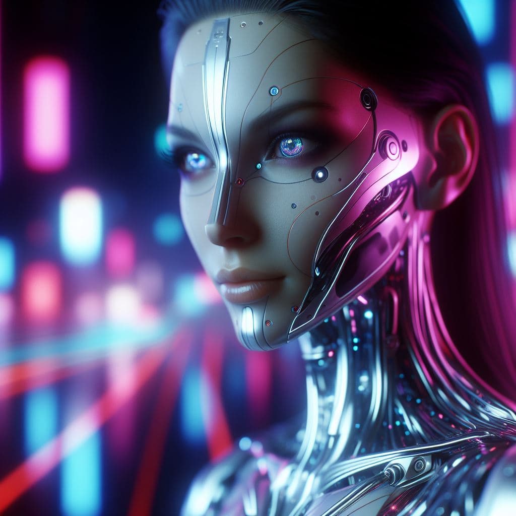 AI generated: A cyborg female with blurry neon lights in the background
