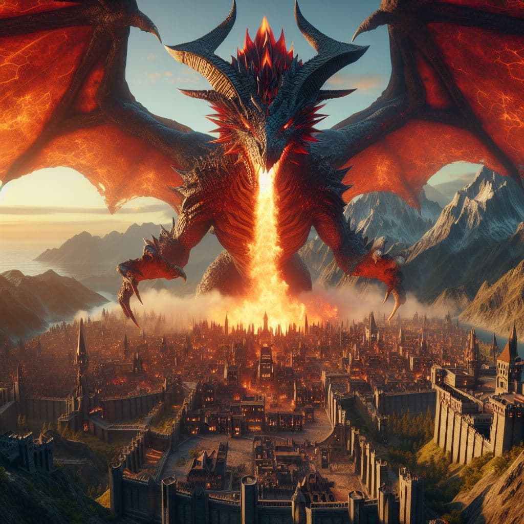 AI generated: fantasy giant deathwing magma dragon above a fortified city, photorealistic, octane render, unreal e...