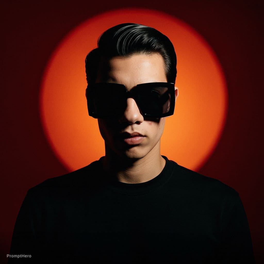 AI generated: A person with slicked-back dark hair wearing oversized square sunglasses is shown in a dramatic, cin...