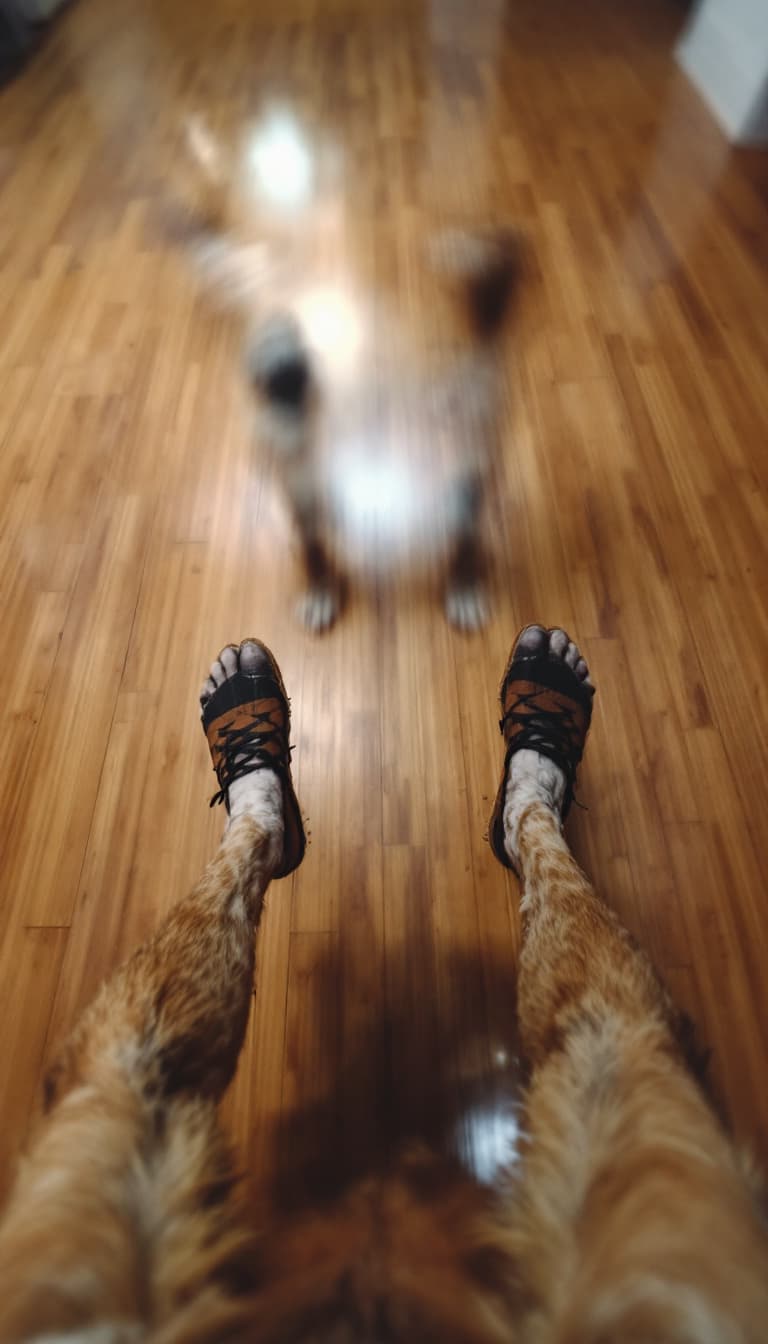 AI generated: POV first-person, I am a dog walking on my hind legs. Only my two legs are visible in the frame, and...