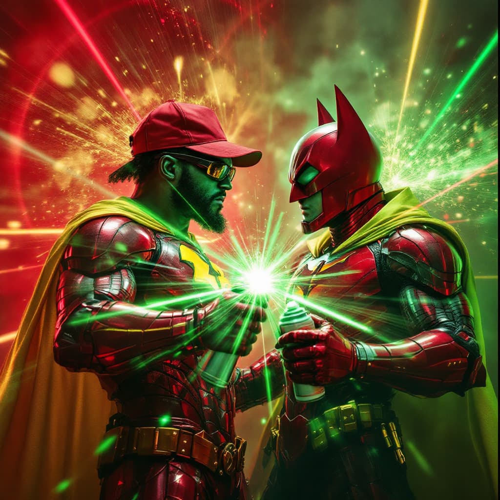 AI generated: Hyper real of Diddy the Diddler like the Riddler versus a Black man, with a red baseball cap backwar...