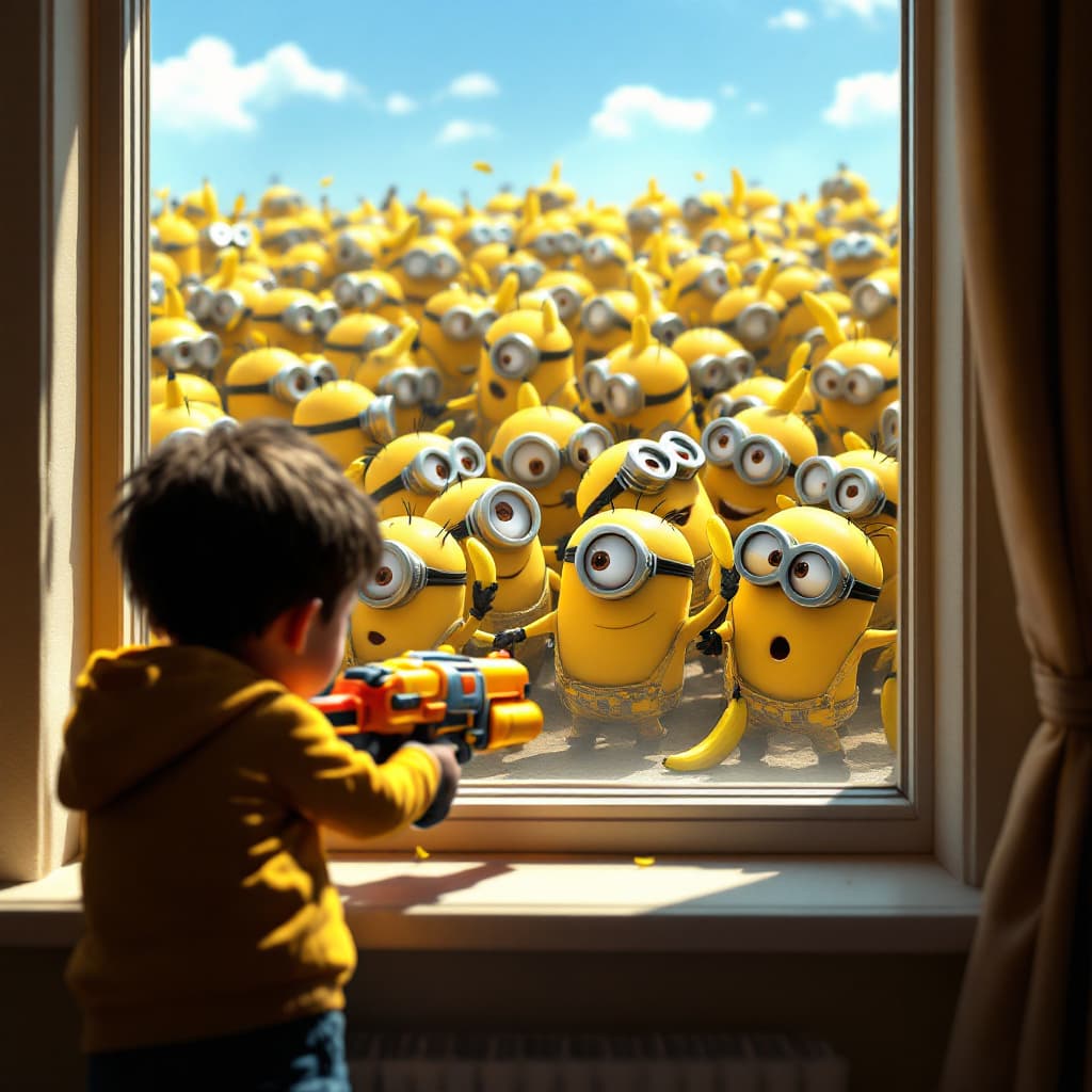 AI generated:  A boy and his dad looking from a window at daylight and sees many walking  Minions  . Their body ar...
