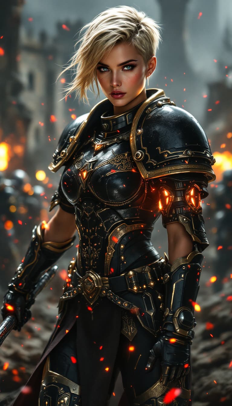 AI generated: A dynamic angle, full-body view, realistic portrait of a female space marine, her blonde hair styled...