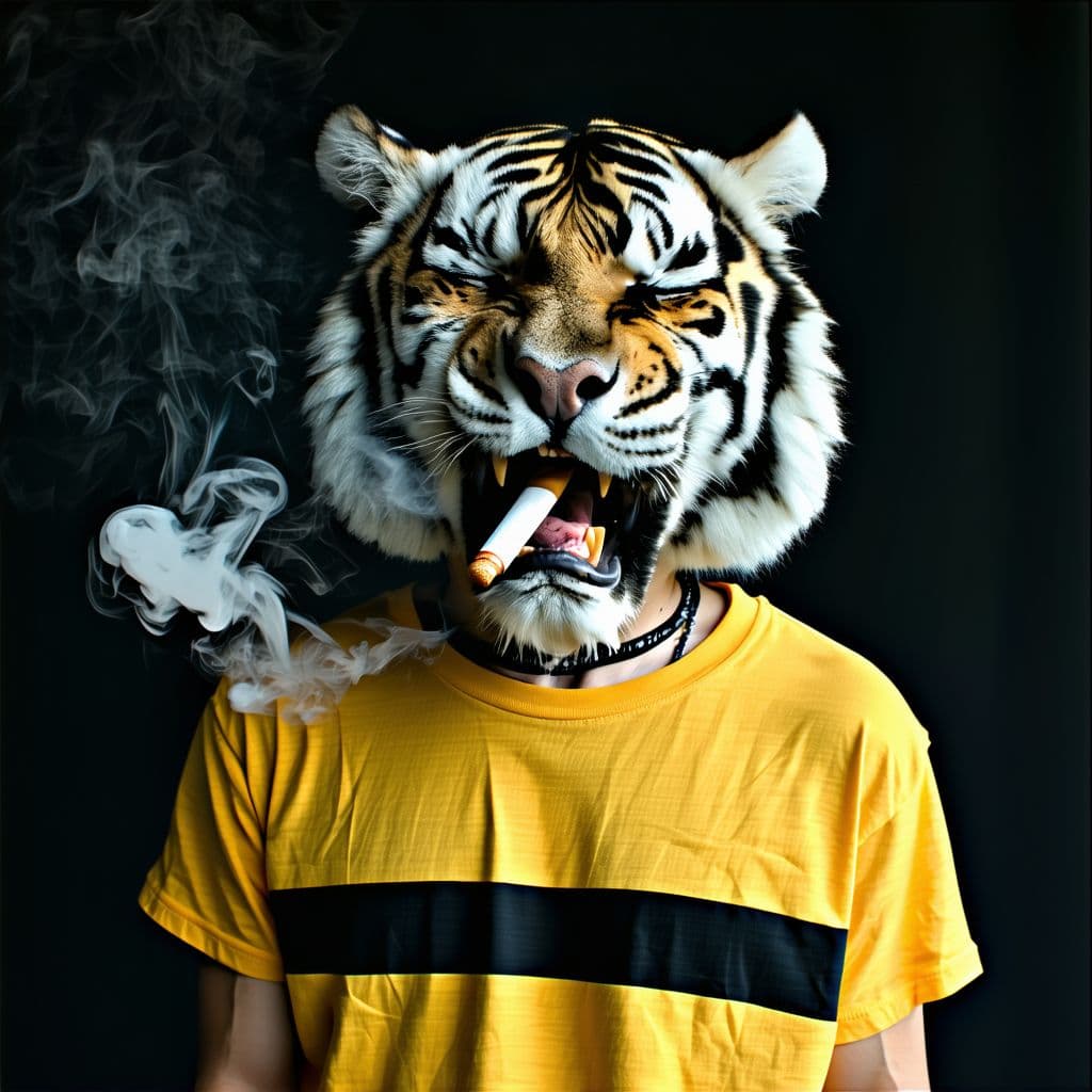 AI generated: sad tiger smoking and crying with a t-shirt that have 3 horizontal stripes: yellow, black and white