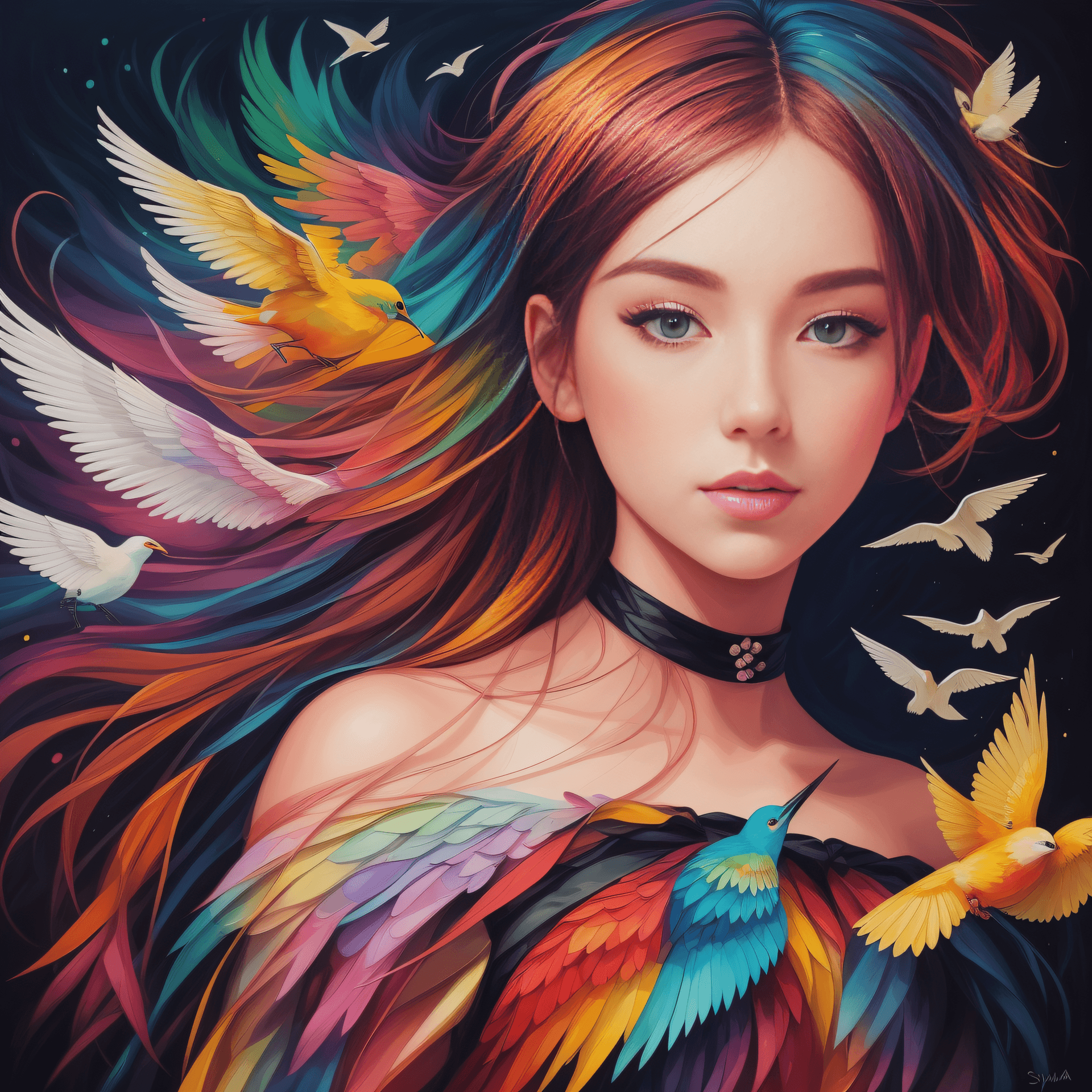 AI generated: a pink painting of a violinist girl made of birds and paint, Synesthesia