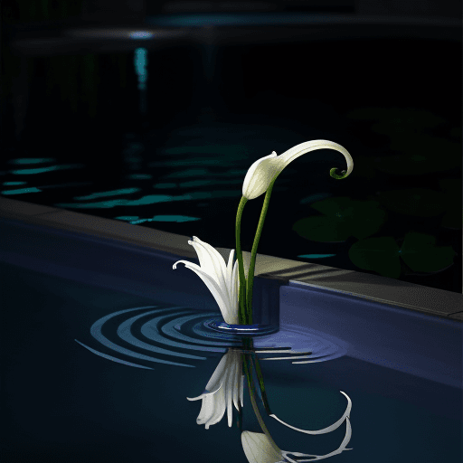 AI generated: White lily with dark green stem and indigo edges, dripping indigo into a pool with full moon lightin...