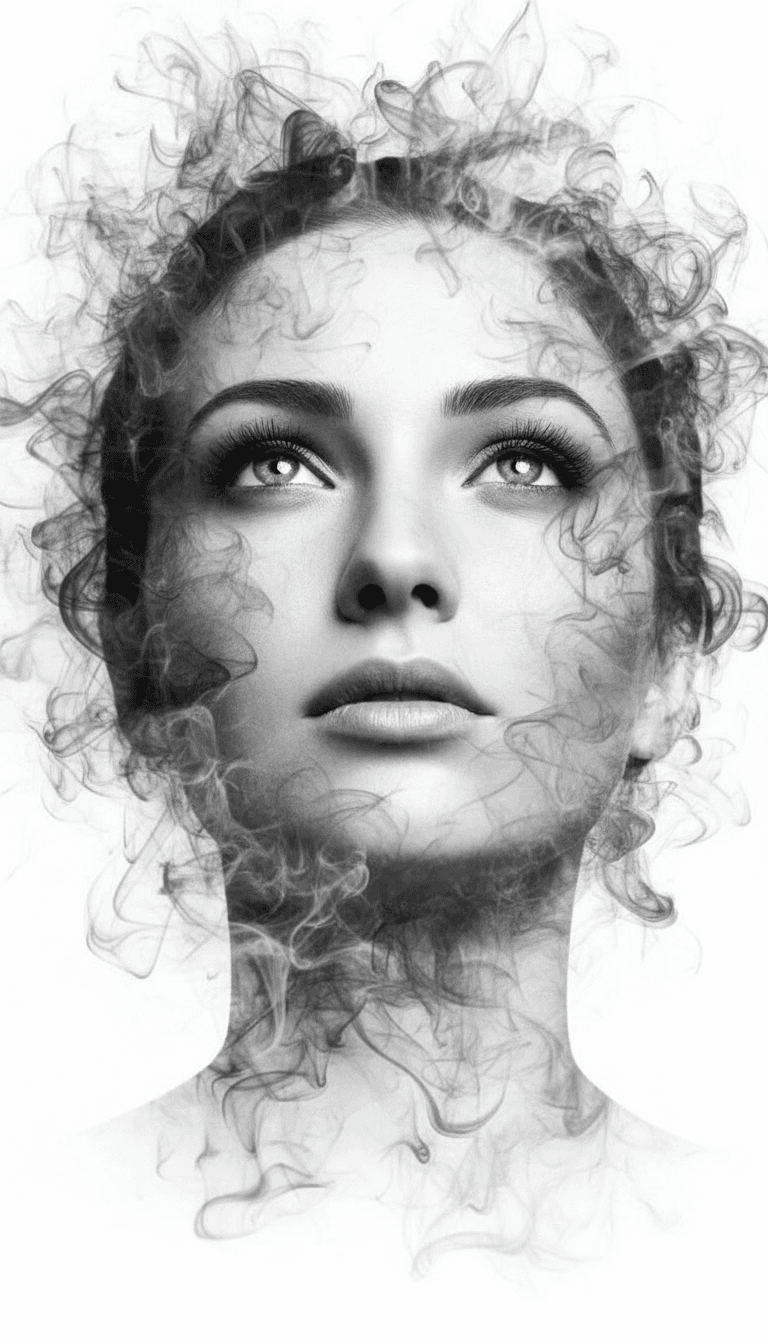 AI generated: Make similar this image for girl in different face and different shape smoke face looking upright 