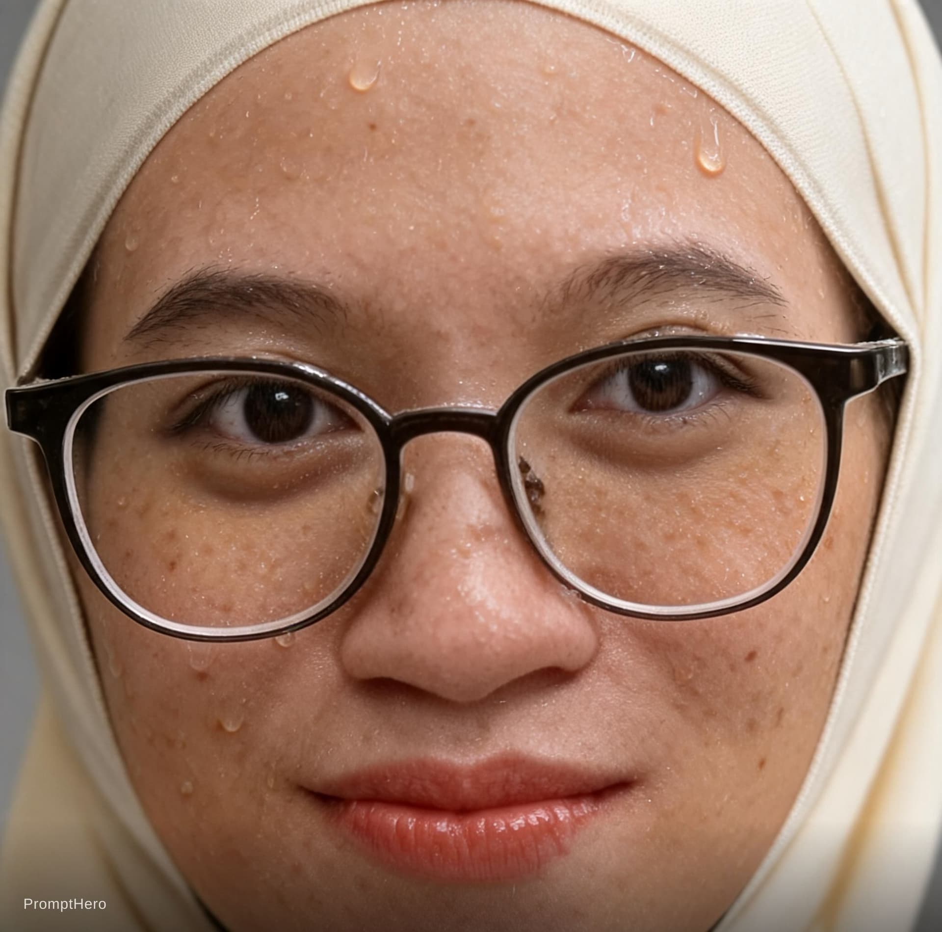 AI generated: Make super close up face that feel personal. Face mildly sweat