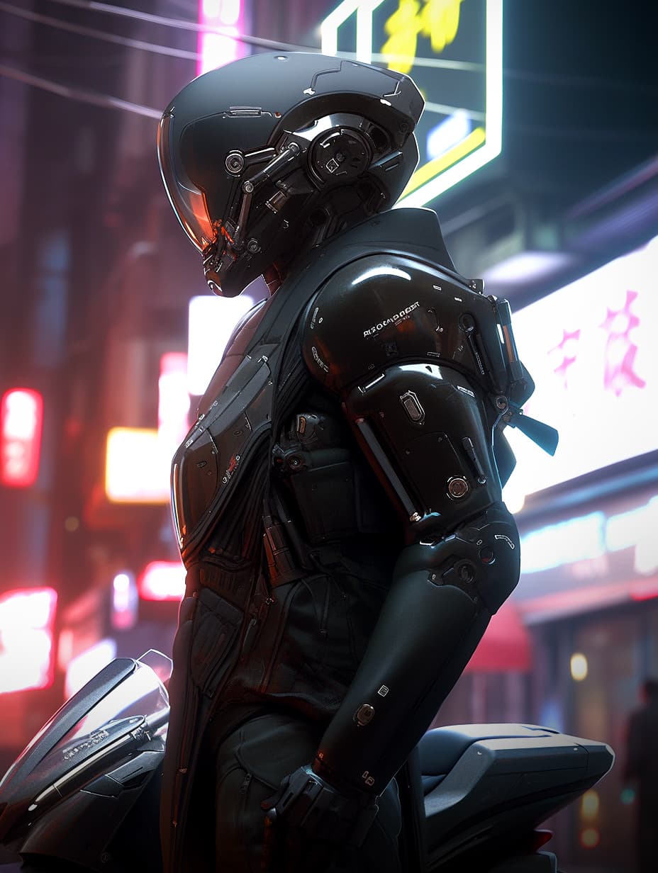 AI generated: Sleek android in a black cybernetic and futuristic exo-suit with a motorcycle in a crowded cyberpunk...