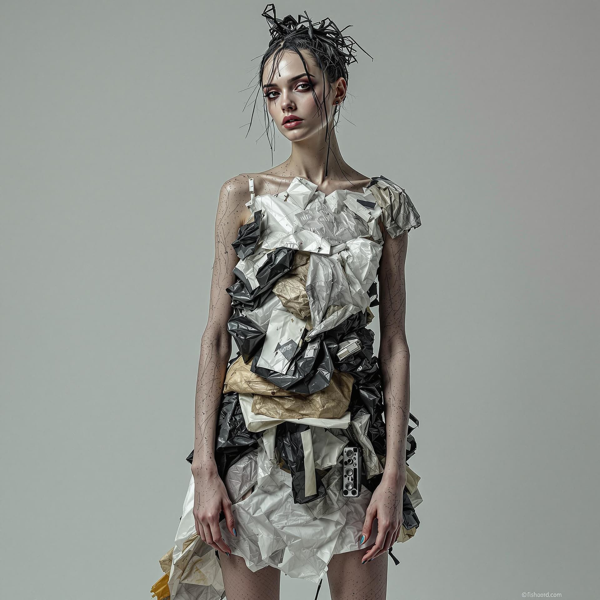 AI generated: high fashion portrait of a woman with rough skin, wearing a dress made from tattered plastic bags an...