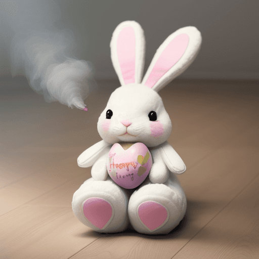 AI generated: create a stuffed rabbit with a easter egg in the hands color smoke behind the rabbit and in the floo...