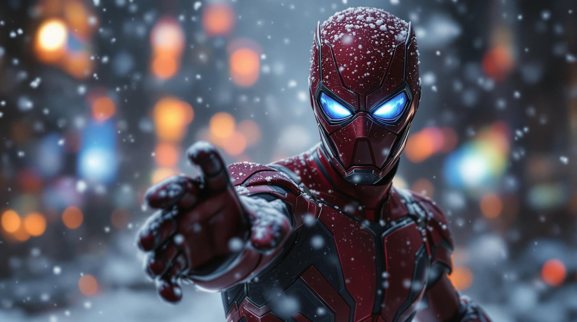 AI generated: A highly detailed cinematic action shot of a masked superhero in a sleek, form-fitting red and black...