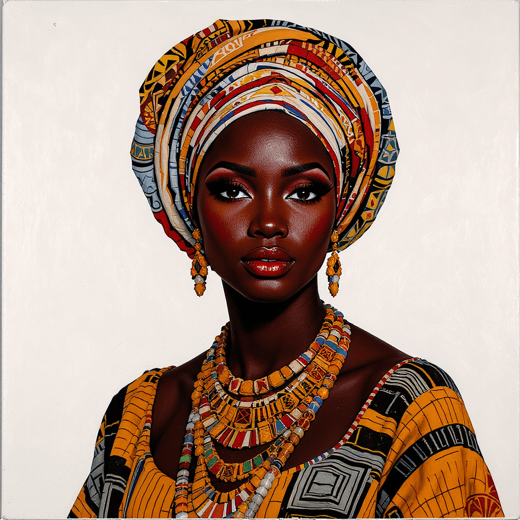 AI generated: full-body image of A vibrant acrylic oil painting of an African woman with flawless makeup, embodyin...