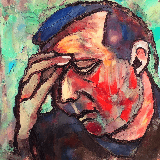AI generated: painting of sad man sitting on chair, eyes are teary, holding face, pallet knife painted, thick text...