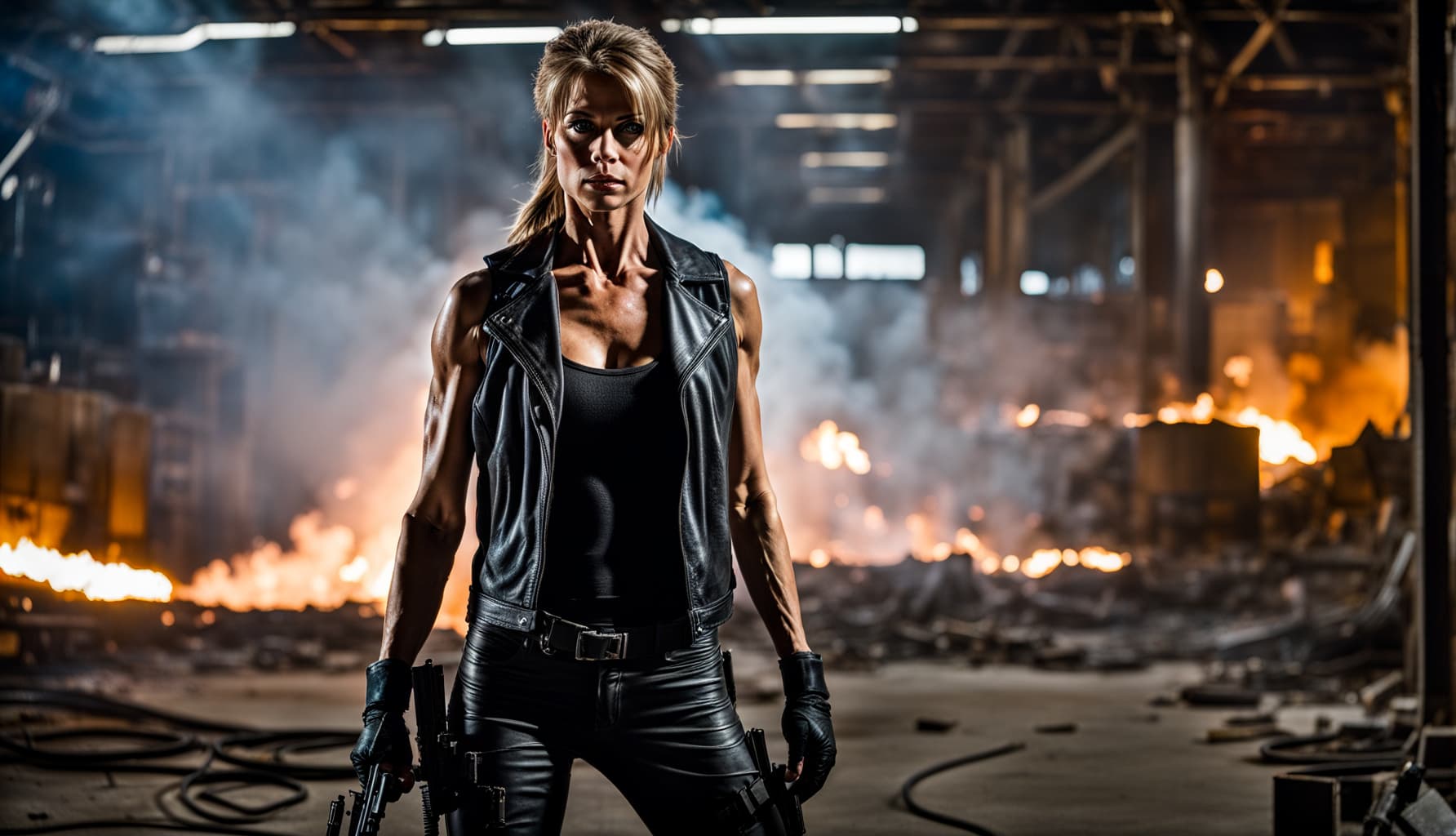 AI generated: 200mm portrait photo, wide angle, half-body, Linda Hamilton as Sarah Connor, dynamic pose and angle,...