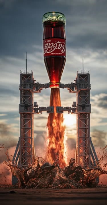 AI generated video: A Coca-Cola bottle, positioned as a rocket on a launchpad, ignites and blasts off into the sky. The ...