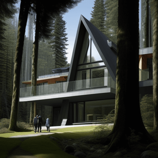 AI generated: super modern house in a mountain landscape with old growth forest, Pacific Northwest or United State...
