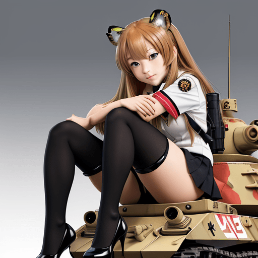 AI generated: masterpiece, taiga aisaka, smug, cute face, anime, anime face, sit on tank and hug gun turret, red s...
