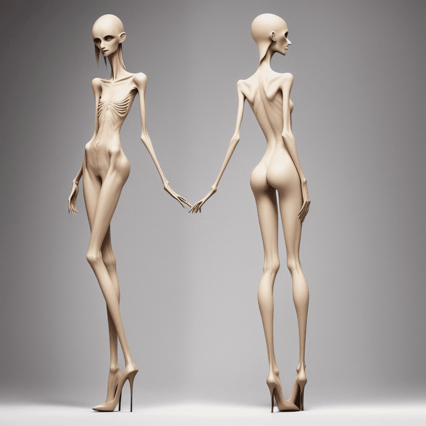 AI generated: naked very skinny anorexic legs in high heels, high heels, the tips of the shoes are very long towar...