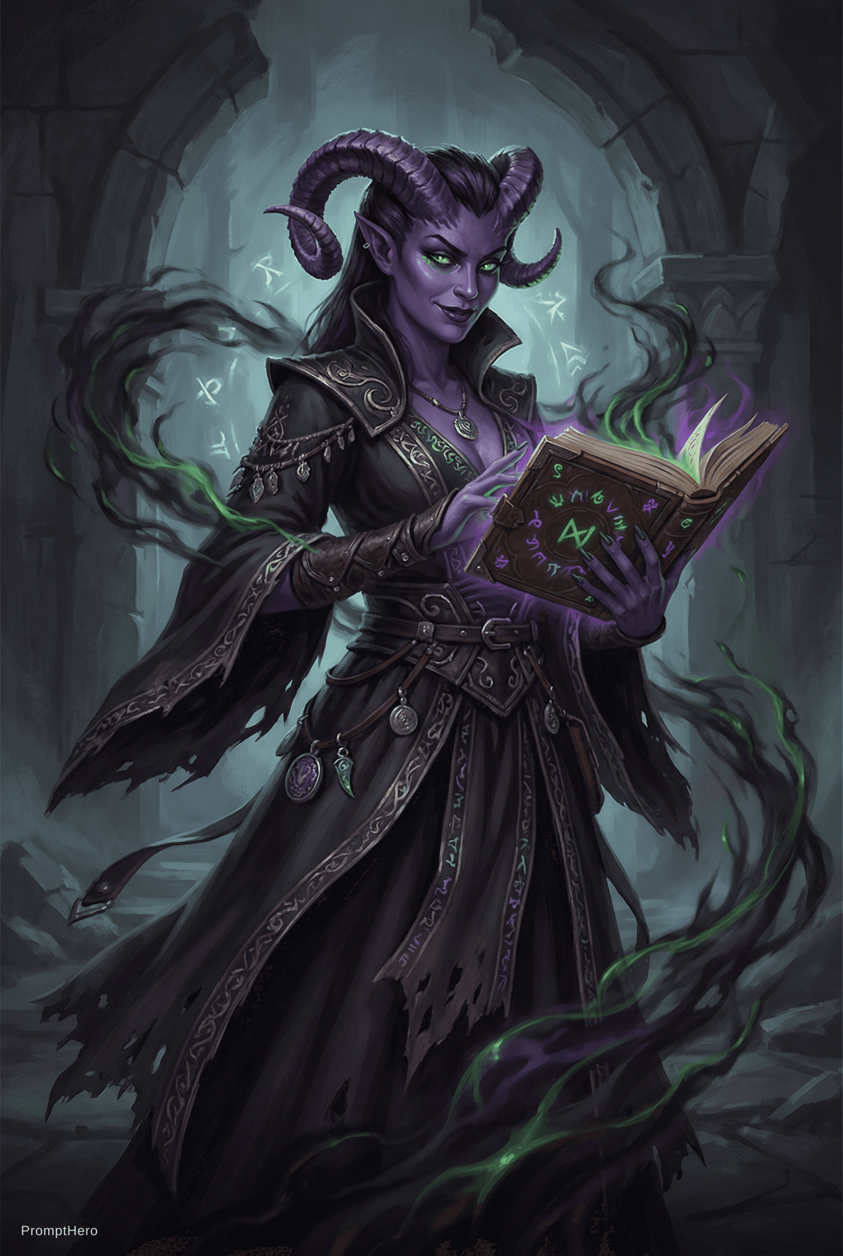 AI generated: female tiefling warlock, purple skin, curled horns, glowing green eyes, tattered black robes, holdin...
