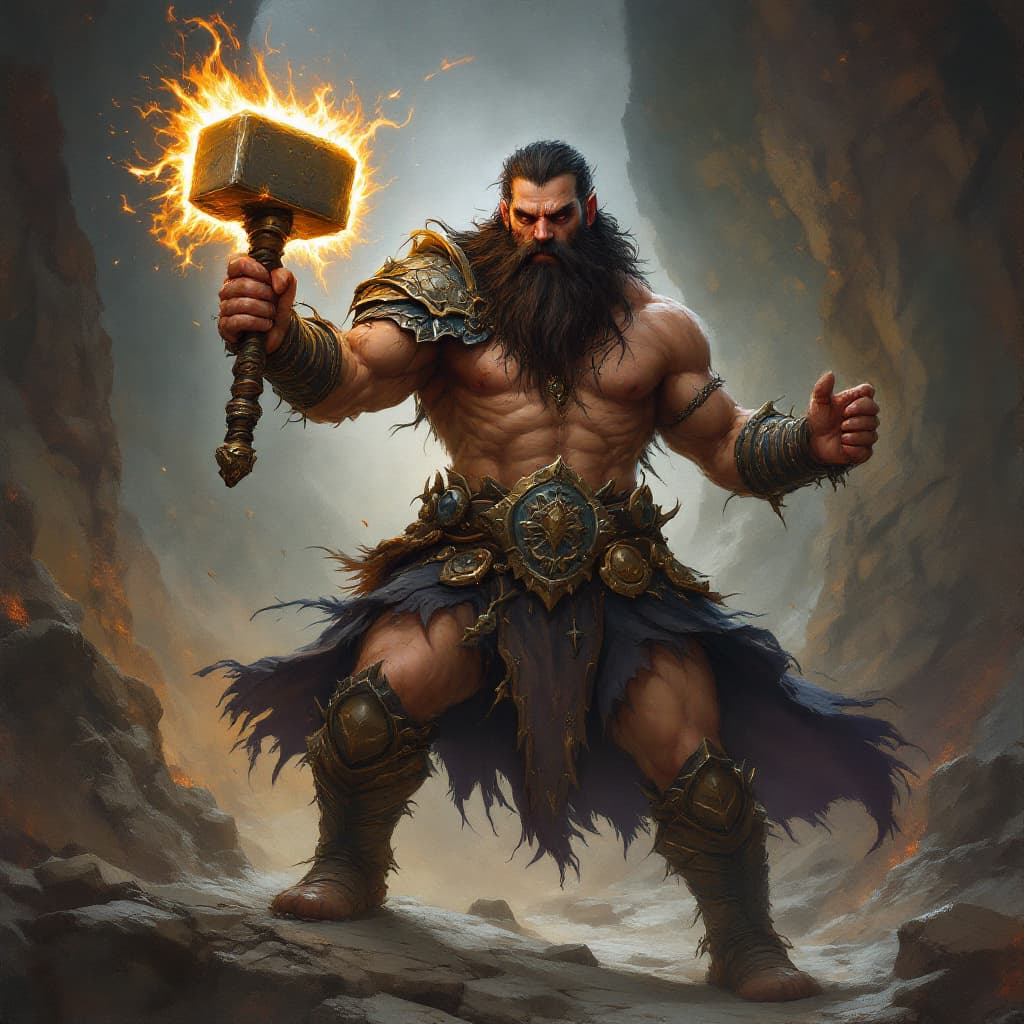 AI generated: An epic painting of a low-statured, dark-haired, demigod Dwarven sorcerer wielding a hammer , withou...