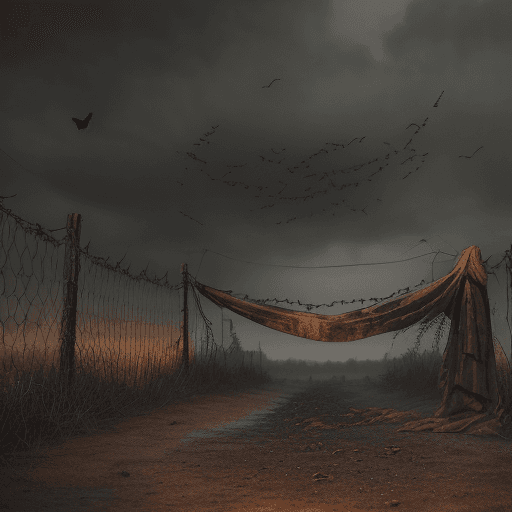 AI generated: crows flying in background and on barbed wire in front of large ochre colored rustic antique gris-gr...