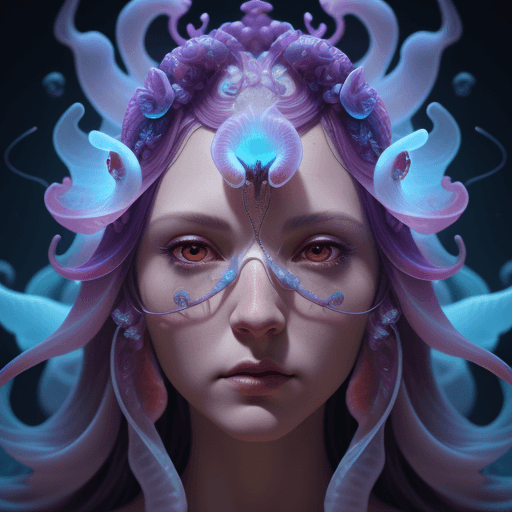 AI generated: Goddess close-up portrait ribcagel. jellyfish phoenix head, nautilus, orchid, skull, betta fish, bio...