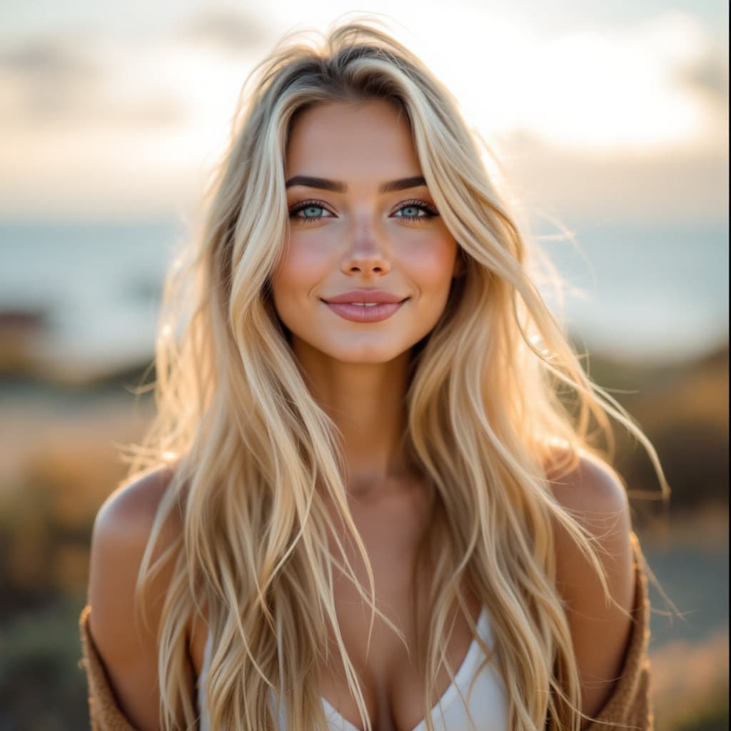 AI generated: Create an image of a beautiful blonde woman with long, flowing hair and radiant skin. She has soft, ...