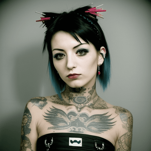 AI generated: un ritratto di una donna giapponese di 20 anni con tatuaggi nella schiena, inquadratura 3/4 posterio...
