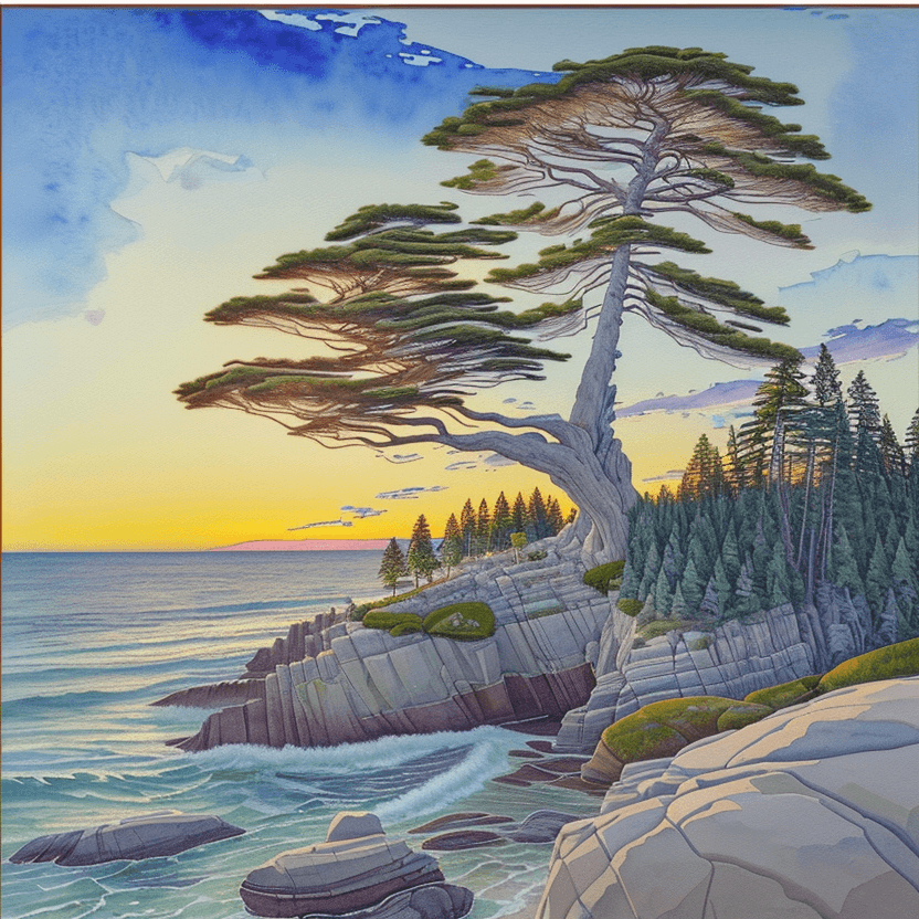 AI generated: a painting of a tree sitting on top of a rock, a watercolor painting, inspired by Arthur Lismer, cg ...