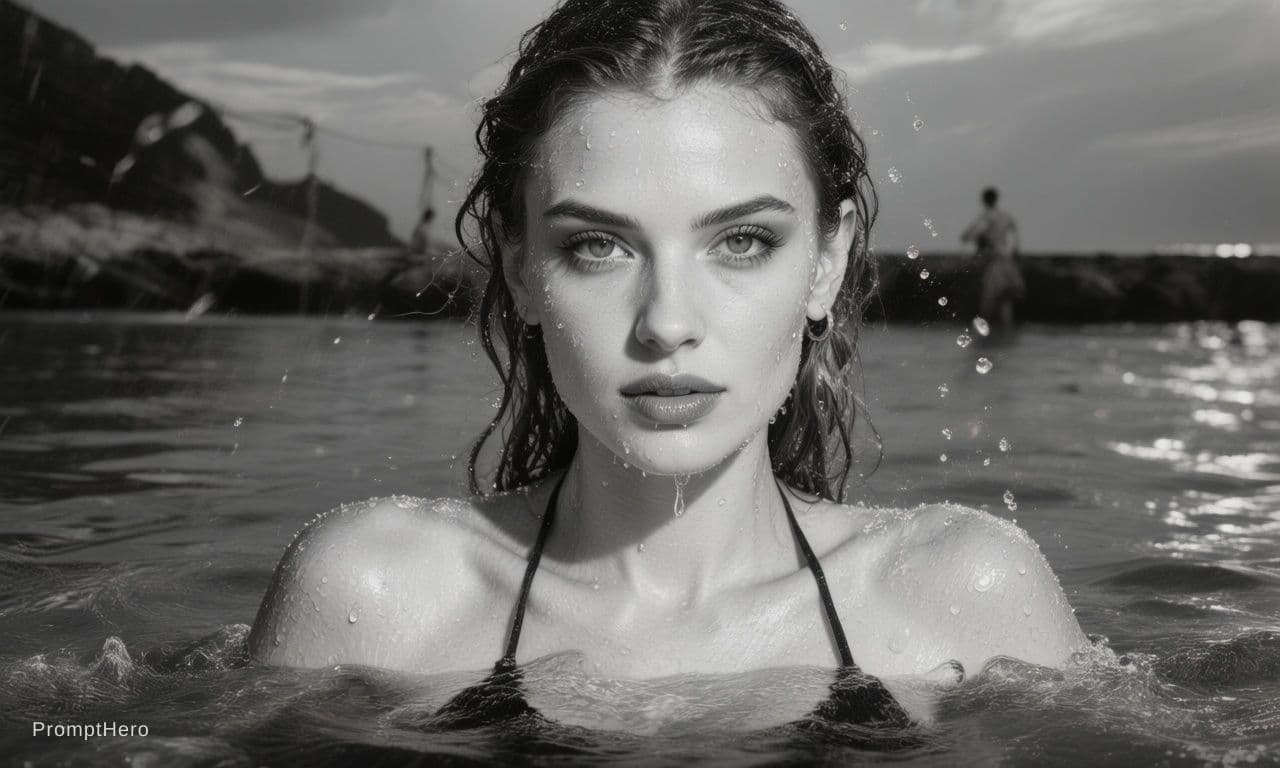 AI generated: photo of a woman in the water, black and white with pops of color, frameless, freya, droplets, magaz...