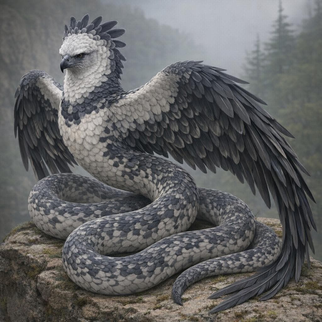 AI generated: create a new creature that is a mix of a Harpy Eagle and a Snake with the Head of the Harpy Eagle an...