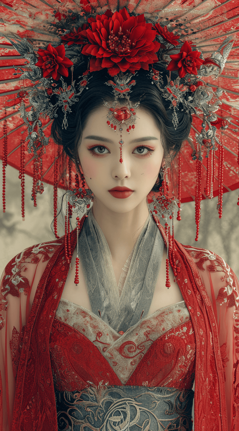 AI generated: a Chinese poster representing a woman in traditional costume, in the style of tattoo-inspired, gothi...