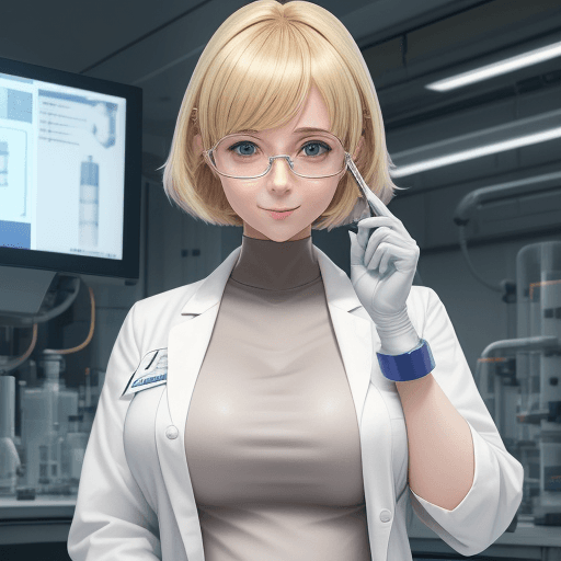 AI generated: (An anime girl working as a scientist), large breasts, standing in front of a futuristic laboratory ...