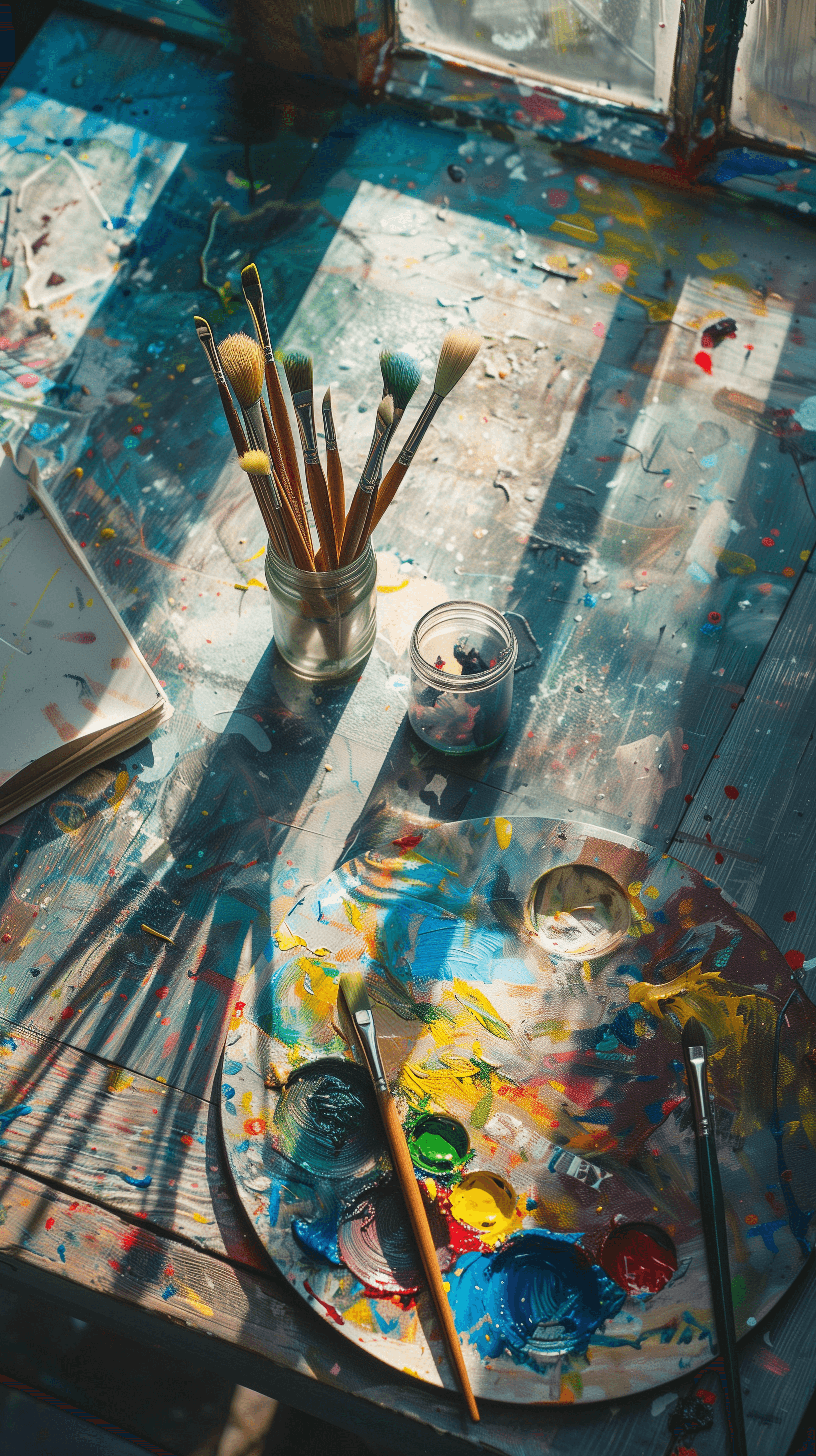 AI generated: top view photograph, artist's table in studio, table is set with a variety of paint brushes, a palet...