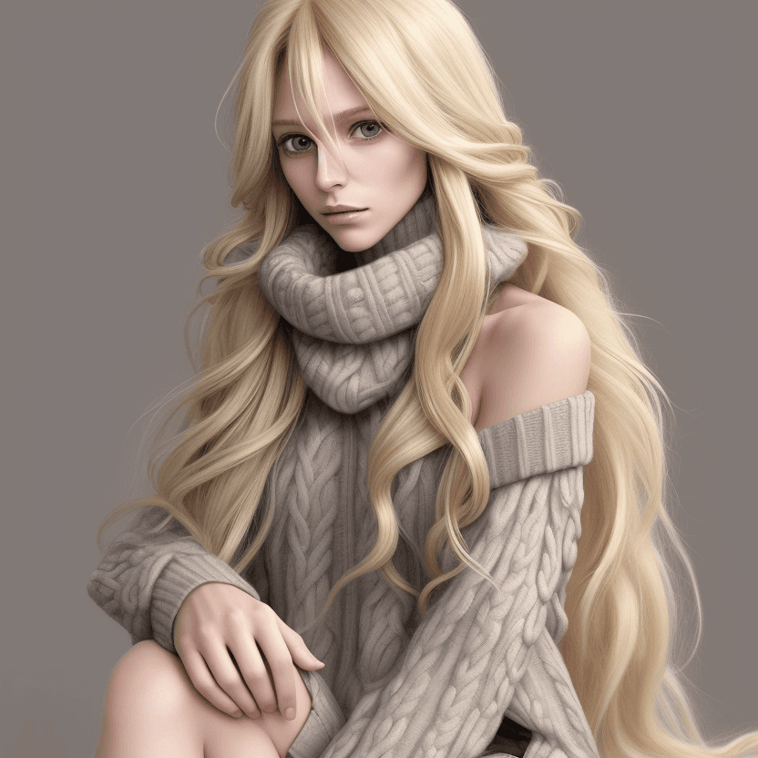 AI generated: blond woman with long crully hair spreading along his shoulders to the knee bundled up in a eccentri...