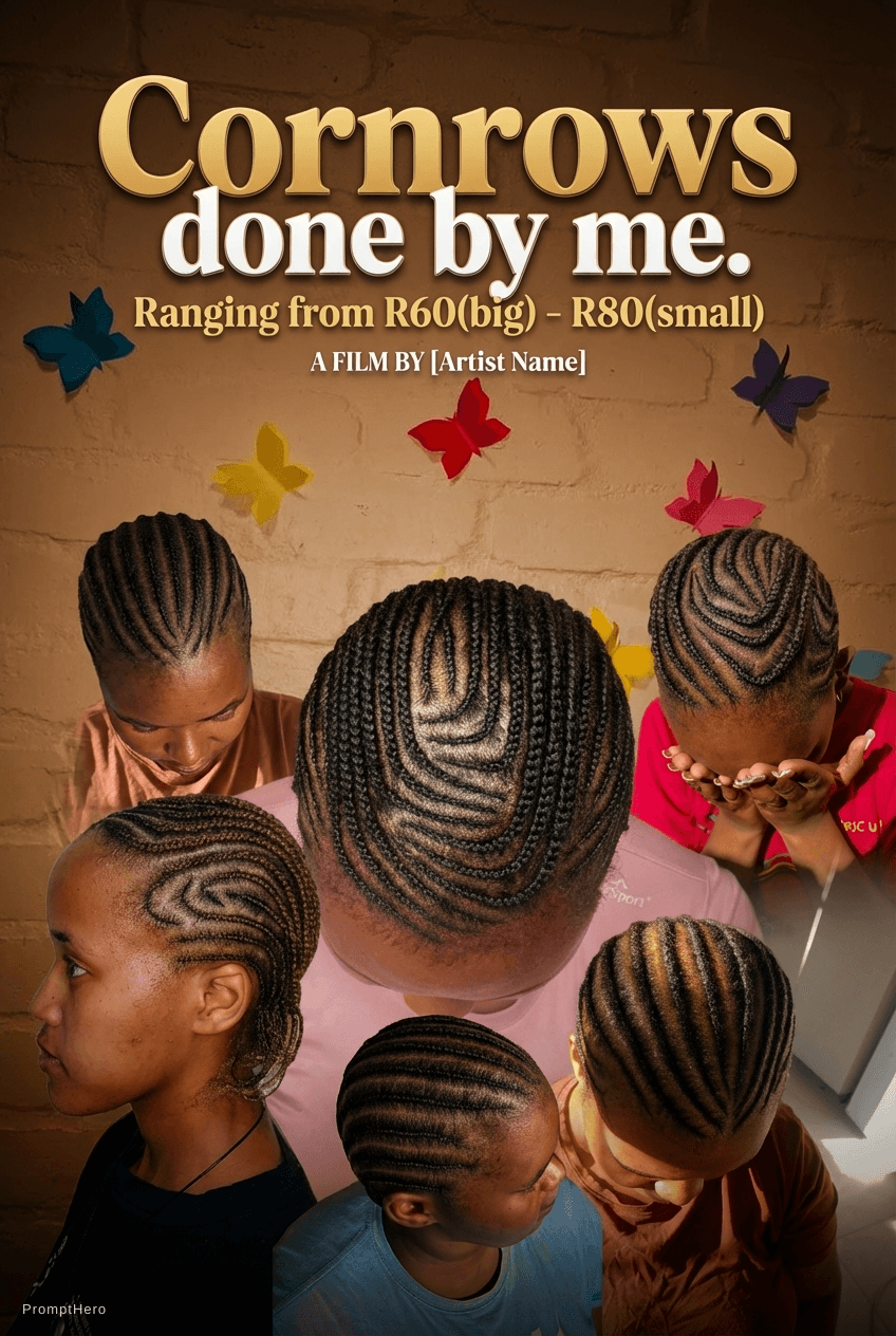 AI generated: Cornrows done by me. Ranging from R60(big) - R80(small)