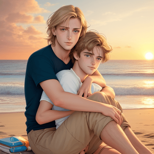 AI generated: sitting on the beach, hug, two men, boys love, watching sunset in the seaside, couple,  Storybook il...