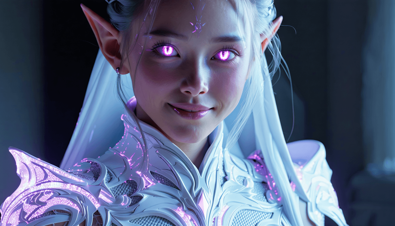 AI generated: Close-up portrait of a young, white shiny-skinned female figure, with striking, glowing magenta eyes...