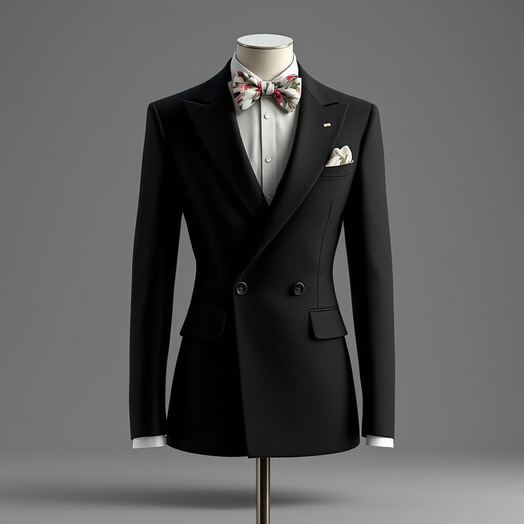 AI generated: Front view of a blazer, tailored fashion design, featuring a floral bowtie and pocket square at the ...