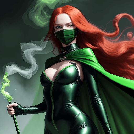 AI generated: we are seeing a female with long red hair, wearing a metallic green and black catsuit, green metalli...