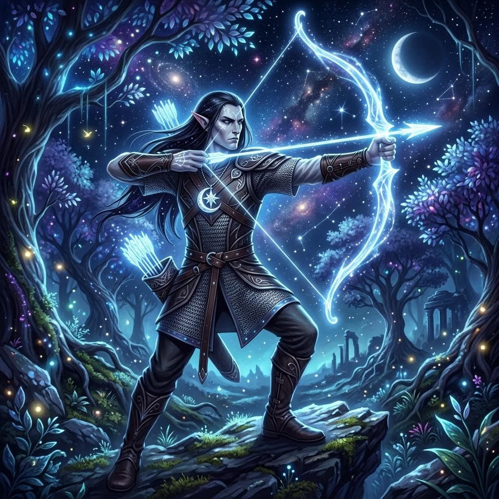 AI generated: an elegant male astral elf, slightly glowing pale skin, long straight black hair, pale blue eyes, ga...