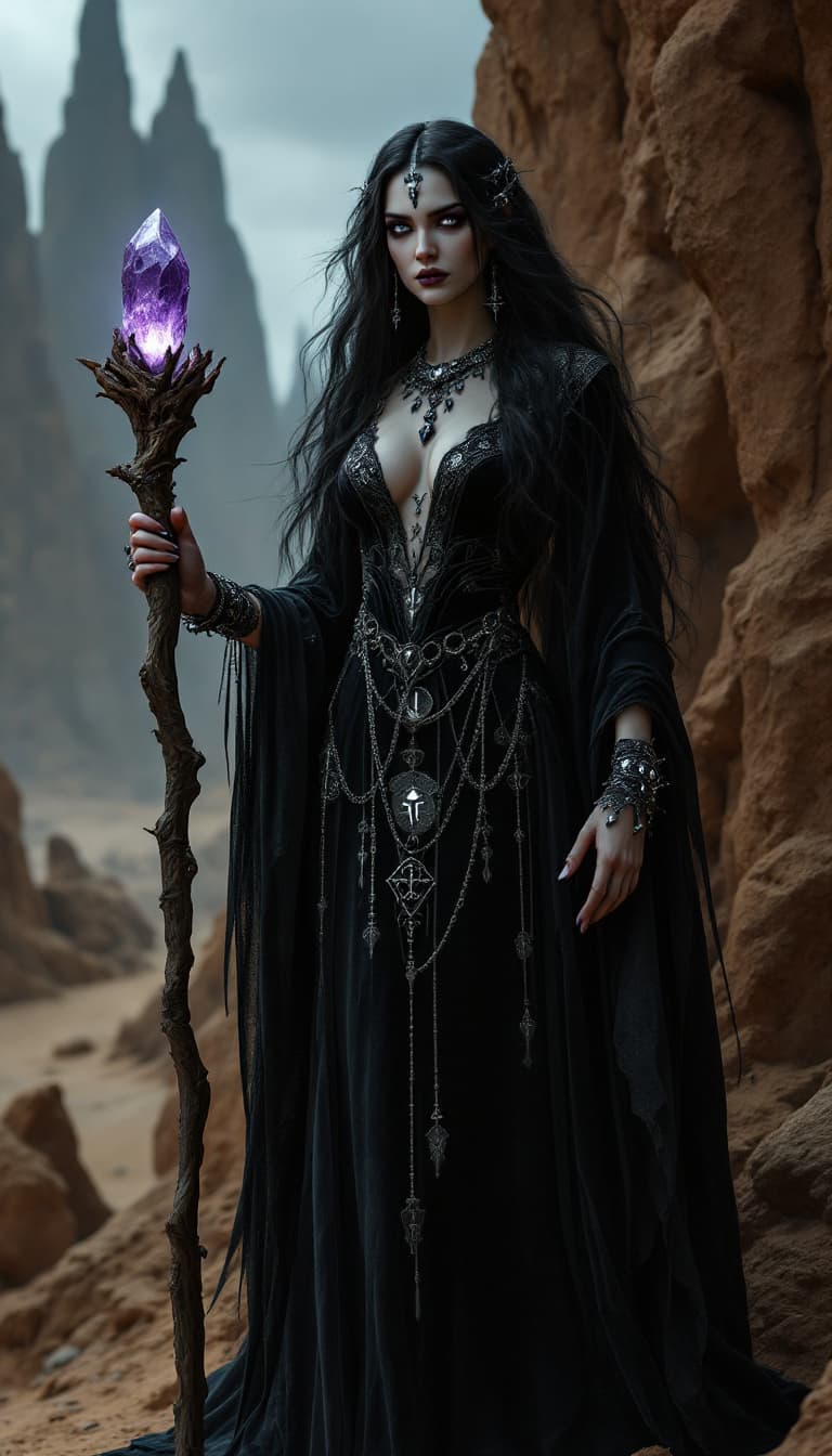 AI generated: An ultra-realistic, full-body portrait of an enigmatic sorceress, emanating ancient power and ethere...