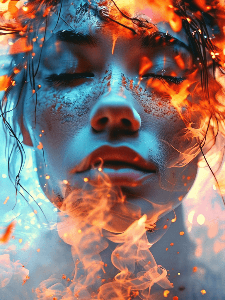 AI generated: close up of a beautiful woman from below, closed eyes, calm, burning, very intricate, 8k, realistic ...