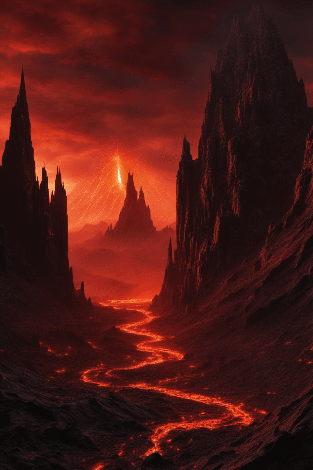AI generated: A hellish landscape, vast rivers of molten lava flowing through cracked obsidian ground, towering de...