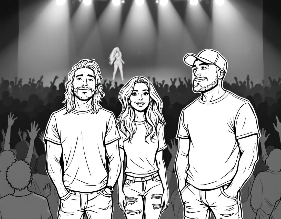 AI generated: Black-and-white, bold, line art, coloring in page, simple, detailed, sketch. 

Three friends at a ...